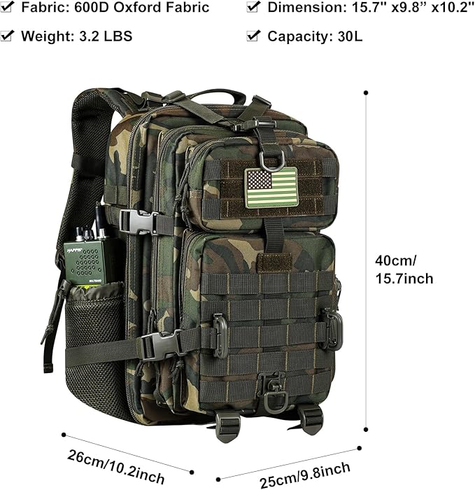 30L MOLLE Assault Pack, Tactical Backpack Military Army Camping Rucksack with Bottle Holder, 3-Day Pack, US Woodland