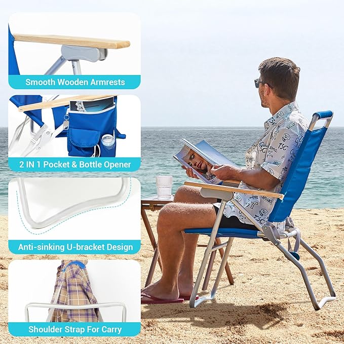 #WEJOY Folding Beach Chair for Adults, 4-Position Aluminum Lightweight Beach Chair, Low Sands Chairs with Shoulder Strap, Cup Holder and Padded Headrest, Supports 265lbs for Lawn