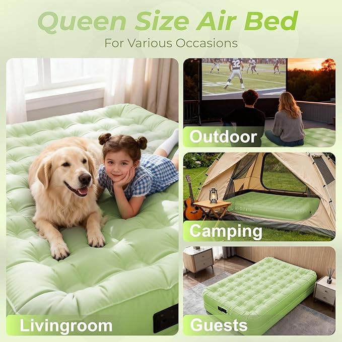 Queen Air Mattress with Built-in Battery Pump, All Luxury Cooling Pongee Fabric Material, Waterproof & Leakproof Air Mattress Queen, Portable Foldable Guest Bed (18", Green)