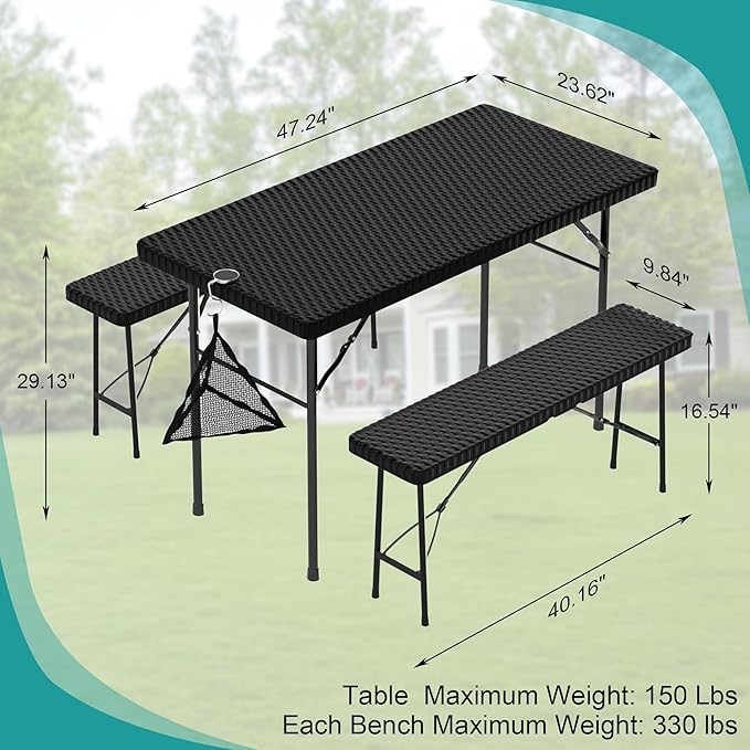 VECELO 3 Piece Folding Picnic Table with 2 Benches, 47.2" Faux Rattan Patio Set with Mesh Bag, Heat-Resistant & Waterproof, for Indoor Outdoor Use, Matte Black