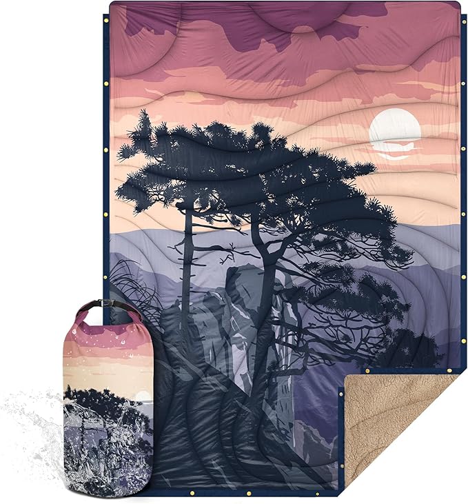 Outdoor Camping Blanket with Sherpa Lining, Extra Warm Thick Camp Blankets and Puffy Ultralight Soft Poncho DWR Camping Quilt for Cold Weather, Adventure, Sleeping, Backpacking 78"x 56"