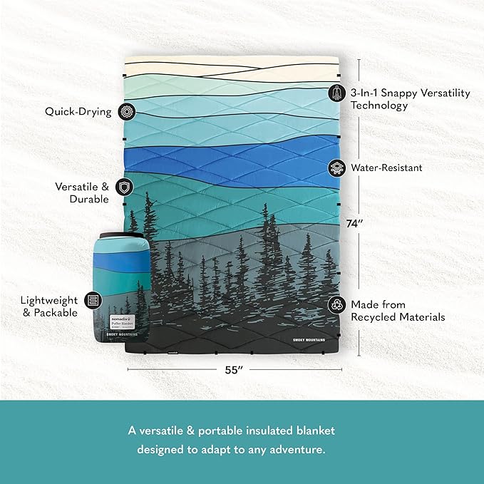 Nomadix Smoky Mountains Puffer Blanket – Water-Resistant, Eco-Friendly Insulated Blanket with Snaps for Camping, Beach, and Travel, Made from Recycled Materials