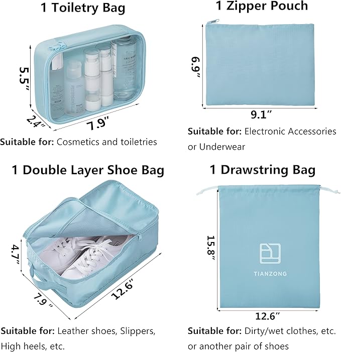 tianzong 7-piece Set Packing Cubes, Travel Bags for Luggage, Packing Organizers with Shoe Bag (Sky Blue with a Toiletry Bag)