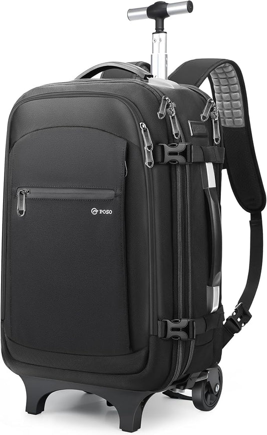 POSO Vacuum Backpack Travel with Pump - 60L Expandable Air Compression System, Vacuum Seal Easyvacpack w/Detachable Wheels, Water Resistant Carry-On Luggage for Traveler Graduate, TSA Lock - Black