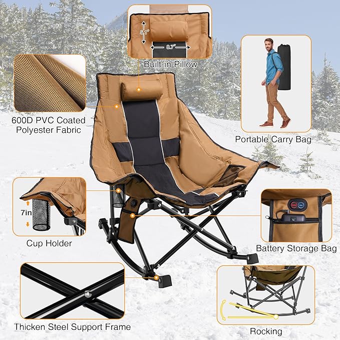 Slendor Heated Rocking Chair, Oversized Heated Camping Chair w/ 3 Levels Heat for Back+Seat, Heated Rocking Camping Chair with 20000 mAh Power Bank, Pillow, Side Pocket, Padded, Carry Bag, Tawny
