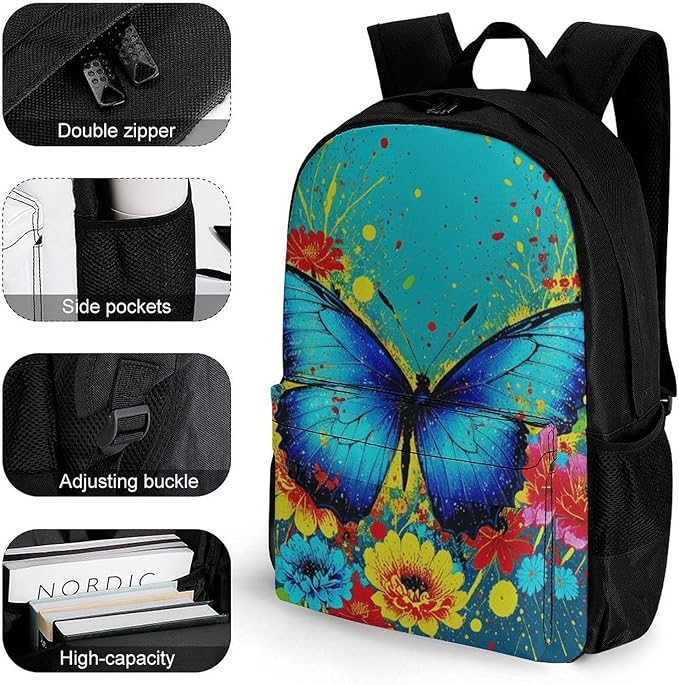 Supdreamc Women Men Polyester Colorful Watercolor Blue Butterfly Casual Daypack Large Capacity Bookbag With Side Pockets for Sports Picnic Walking Cycling