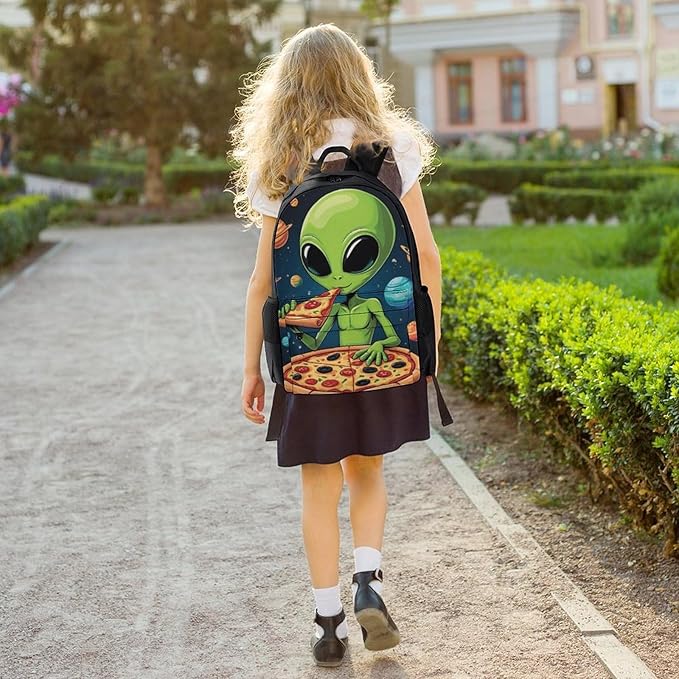 Polyester Daypack Backpack for Sports Travel Running, Big Capacity Anti-Theft Multipurpose Carry On Bag, Funny Space Dj Alien Eating Pizza Art Laptop Book Bag Rucksack