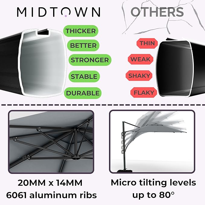 Midtown Umbrellas 10 Ft Outdoor Cantilever Patio Umbrella w/Terylast Heather Grey Fabric - Tilt 360° Offset Patio Umbrella, Deck Patio Umbrella, Backyard Umbrella & Garden Umbrella - Black Frame