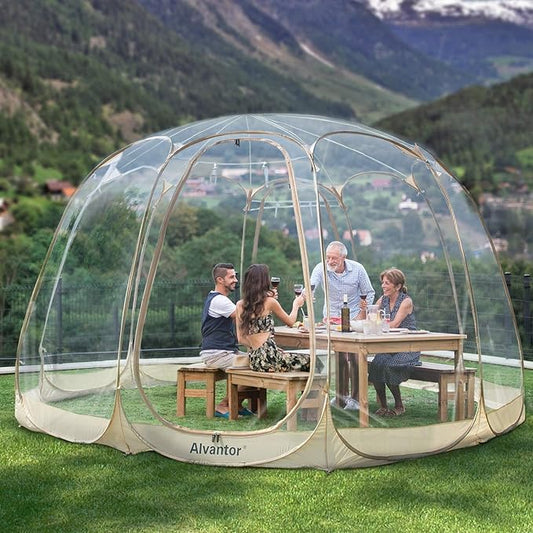 Alvantor Pop Up Bubble Tent - 15’ x 15’ Instant Igloo Tent - 12-15 Person Screen House for Patios - Large Oversize Weather Proof Pod - Cold Protection Camping - Beige