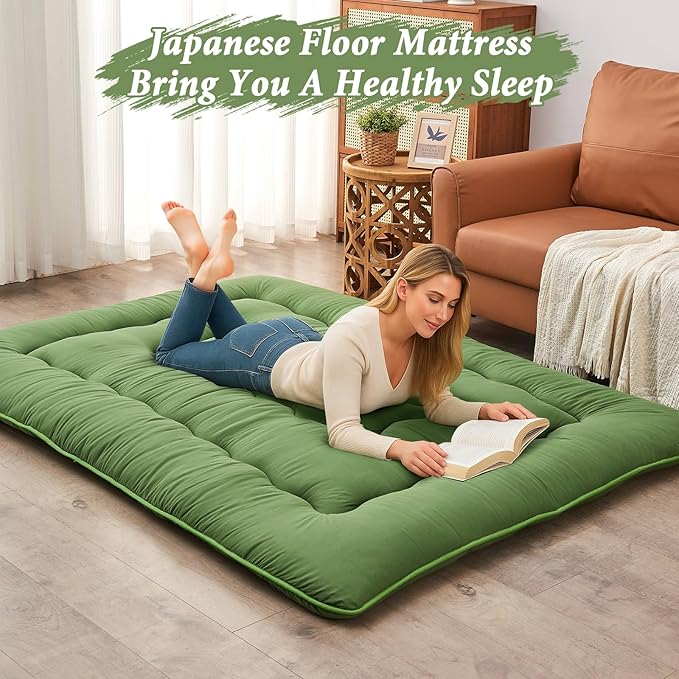 DAICO Japanese Floor Mattress, 4'' Thicken Futon Mattress Tatami Mat, Sleeping Pad Foldable Roll Up Mat for Camping and Guest Room, Twin Size 39''*80'', Green