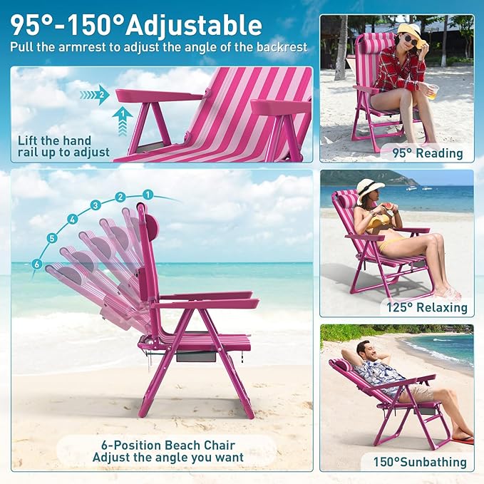 Suteck Backpack Beach Chairs for Adults 2 Pack, 6-Position Folding Reclining Chair with Cooler Bag & Cup Holder, Lightweight Portable Beach Chair for Camping, Outdoor, Sand, Travel Use