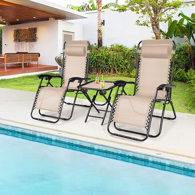 S AFSTAR Zero Gravity Chairs Set of 2, 3 PCS Folding Zero Gravity Lawn Chair Set with Side Table Cup Holders & Adjustable Headrest, Reclining Patio Chairs, Zero Gravity Lounger for Patio Poolside