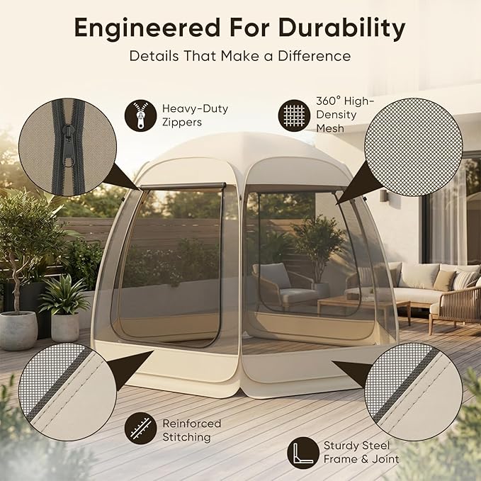 TABU Pop Up Screen House Tent, 10x10 FT Screen Room Canopy with Mosquito Mesh, Instant UV Resistant Shelter with Carry Bag, for 6-8 Person, Beige