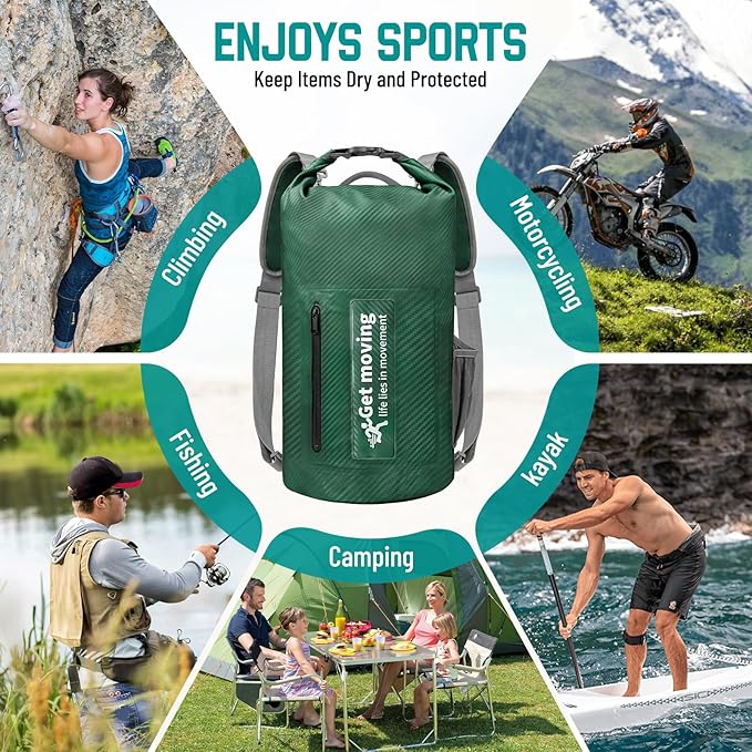 BKNOOU Dry Bag Waterproof for Women Men, 10L/20L Roll Top Lightweight Dry Storage Bag Backpack for Travel, Kayaking, Boating, Rafting, Camping, Hiking and Beach, with Phone Case (Military green, 20L)