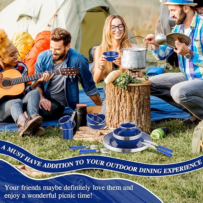 Nuogo 48 Pcs Enamel Camping Tableware Includes 12 oz Coffee Mugs 10.5 Inch Camping Plates 6 Inch Bowls and Utensils Set Includes Knife Fork Spoon for Outdoor RV(Blue)