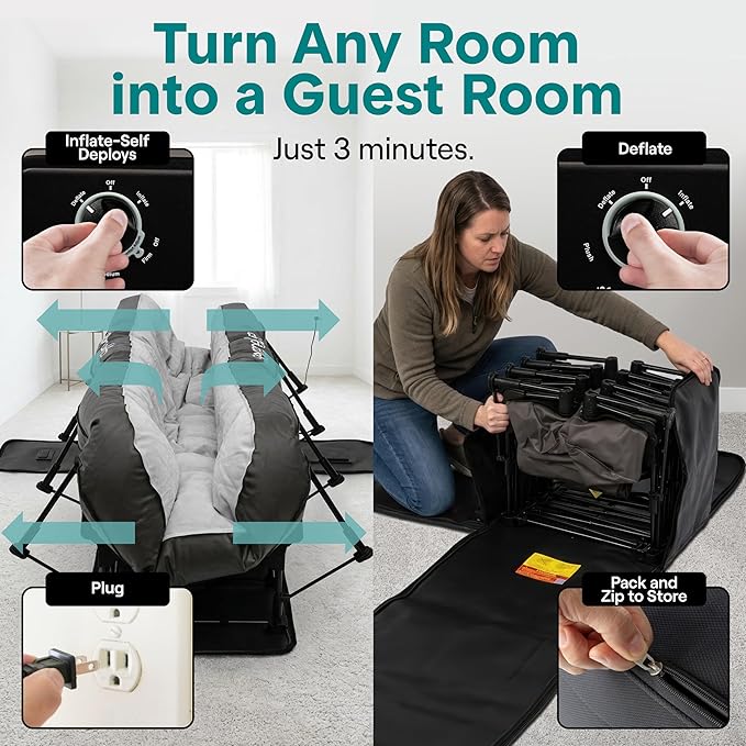 SereneLife (Twin) EZ Bed Luxe Air Mattress with Frame and Rolling Case - Luxury Series with Bonus Memory Foam Cover, Constant Comfort Pressure Maintaining Pump, Built-in Headrest, Wall Plug AC