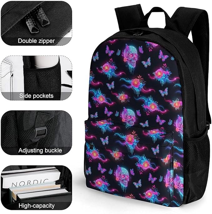 Polyester Daypack Backpack for Sports Travel Running, Big Capacity Anti-Theft Multipurpose Carry On Bag, Colorful Skulls Galaxy Butterflies Art Laptop Book Bag Rucksack