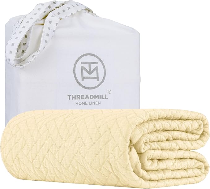 Threadmill Luxury Cotton Blankets for Twin Size Bed | All-Season 100% Cotton Twin Blanket for Bed | Criss Cross Jacquard Lightweight, Soft & Cozy Coverlet, 350GSM, 68 x 90 inches | Vanilla Cream