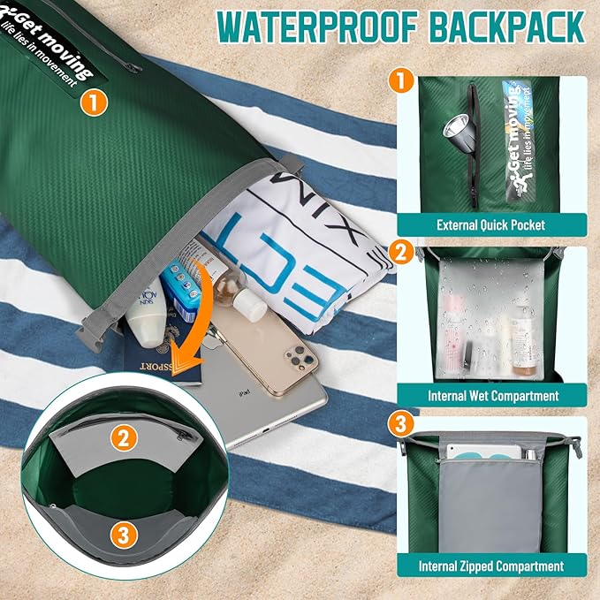BKNOOU Dry Bag Waterproof for Women Men, 10L/20L Roll Top Lightweight Dry Storage Bag Backpack for Travel, Kayaking, Boating, Rafting, Camping, Hiking and Beach, with Phone Case (Military green, 10L)