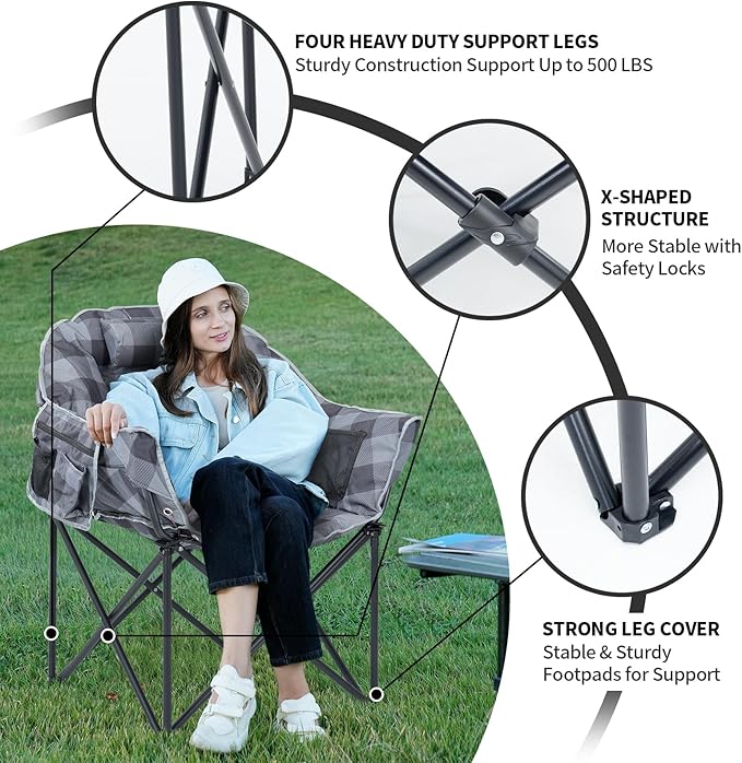 Oversized Heated Camping Chair, 3 Heating Levels Portable Folding Camp Chairs with Pillow and Storage Bag, Outdoor Heated Moon Chair for Camping Lawn Patio Beach and Picnics, Gray Grid