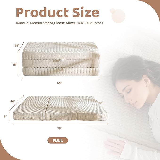 BYBYME Memory Foam Tri-Folding Mattress, 6 Inch Gel Folding Mattress Topper, Foldable Soft Guest Bed Camping Pad, with Washable Cover