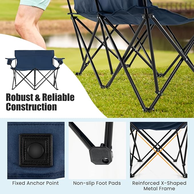 Goplus Double Camping Chair, Oversized Heavy Duty Camping Loveseat for Adults, Portable Folding 2 Person Camping Chair with Cup Holder for Outdoor Lawn Beach Backyard