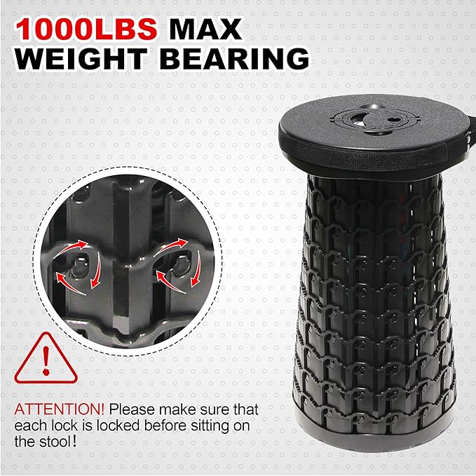 ALEVMOOM Upgraded 19.7" Collapsible Stool Telescoping Stool Foldable for Adults, 1000lbs Max Weight, Heavy Duty Portable Chair for Outdoor Travel&Camping Without Cushion