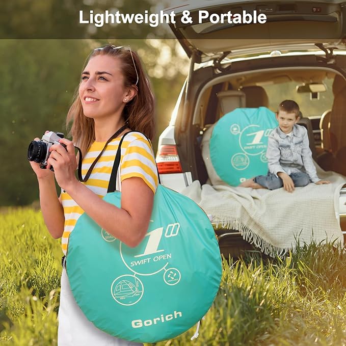 Gorich Easy Pop Up Beach Tent for 3-4 Person, UPF 50+ UV Protection Beach Umbrella Sun Shelter, Portable Lightweight Shade with Easy Foldable & Instant Setup