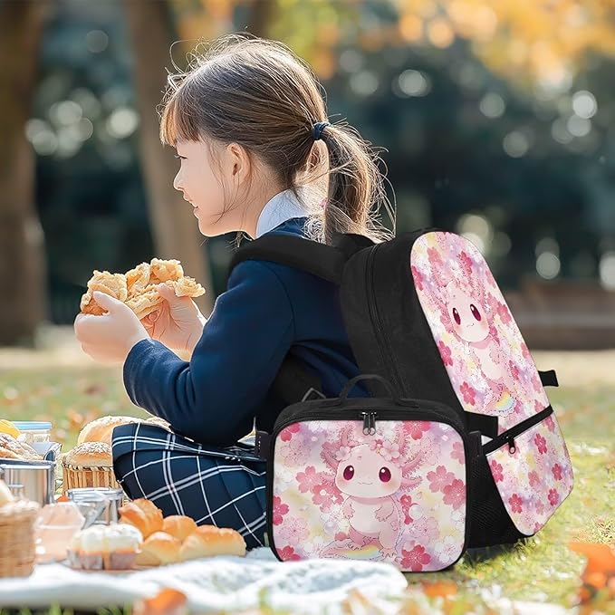HUGS IDEA Cute Axolotl Kids Backpack with Matching Lunch Box for Girls Cute Backpack for School Girls School Bag Set for Elementary Students Kids Casual Camping Hiking Daypack