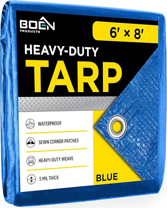 Multi-Purpose Tarp Waterproof Cover | Blue, 6' x 8' 5 Mil Thick | Rip Proof Tarps | Thick Weave Material, UV Resistant Great for Tarpaulin Canopy Tent, Boat, RV or Pool Cover