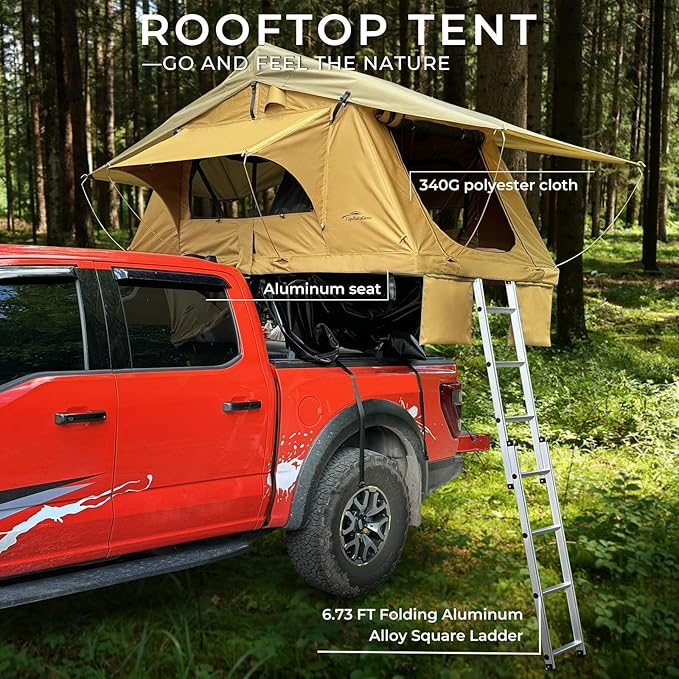 Rooftop Tent for SUV & Truck Camping, Soft Shell Roof Top Tent, Quick-Setup Design with Telescopic Ladder and LED Lighting for 2-3 Person Family Adventures
