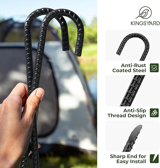 Kingsyard 8 Pack 16 Inch Galvanized Steel Metal J Hook Rebar Stakes, 0.4 inch Diameter Ground Anchors Heavy Duty Tent Stakes, Trampolines Stakes, Chain Link Fence Stakes, Black