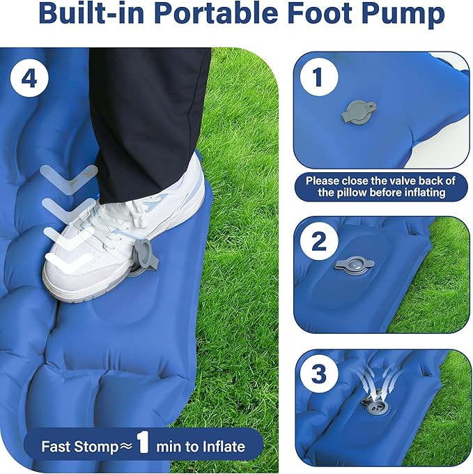 Sleeping Pad for Camping, Backpacking Self Inflating Sleeping Pad Ultra Lightweight, Air Inflatable Foldable Camp Hiking Sleep Mat for Outdoor Tent 4 inch Thick, Navy Blue