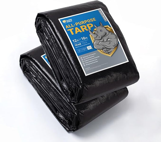 GUARD SHIELD Tarps Heavy Duty Waterproof 12x16 Feet Black Poly Tarp Cover Outdoor Thick UV Resistant Tarpaulin with Grommets 10mil (2-Pack)