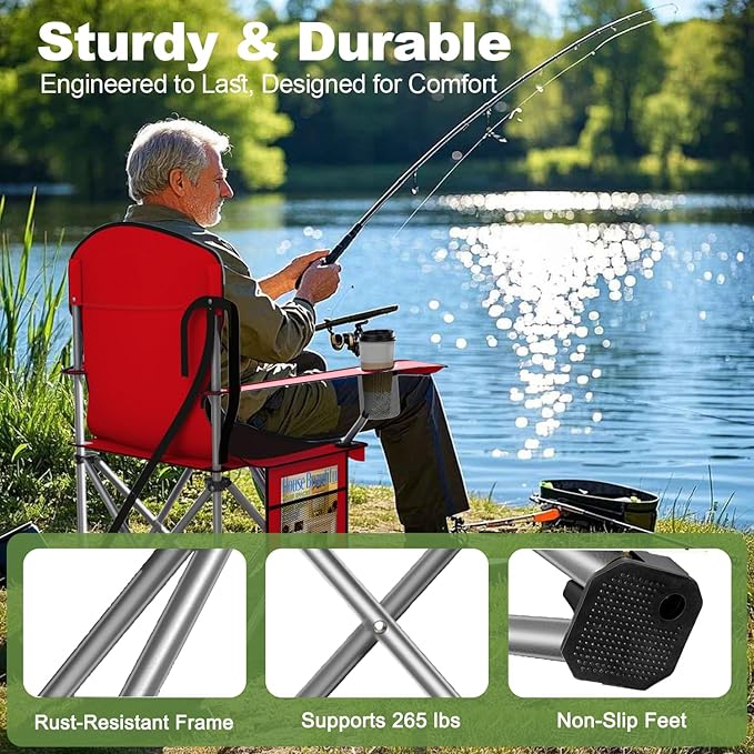 Folding Camping Chairs Durable 600D Oxford, Portable Outdoor Chair with Cooler Pouch, Cup Holder & Storage Pocket for Camping, Beach, Fishing