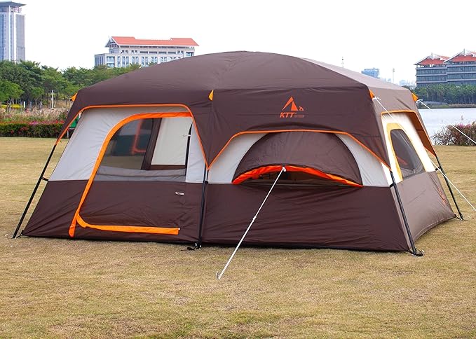 KTT Extra Large Tent 6-10-12-14 Person(Style-B),Family Cabin Tents,2 Rooms,3 Doors and 3 Windows with Mesh,Straight Wall,Waterproof,Double Layer,Big Tent for Outdoor,Picnic,Camping,Family Gathering