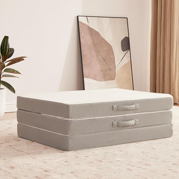 Kingfun Foldable Mattress 4 Inch Folding Mattress Tri-fold Gel Memory Foam Breathable with Storage Bag, Portable Floor Guest Bed Soft for Sleeping Camping, Gray, Queen Size