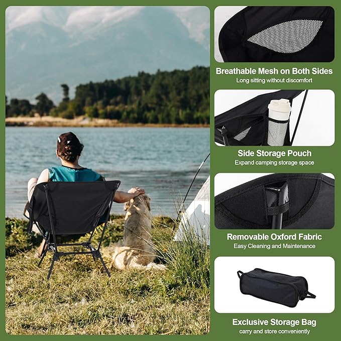Camping Chair Portable Lightweight Camping Chairs for Adults Foldable 600D Oxford Ultralight Backpacking Chair with Breathable Mesh and Pocket for Outdoor Travel Hiking, Black