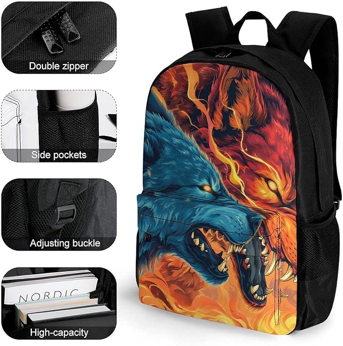 Supdreamc Lightweight Daypack for Camping Business Walking Cycling, Large Capacity Anti-Theft Multipurpose Bookbag, Ice And Fire Flaming Cool Wolf Art Gym Outdoor Hiking Backpack