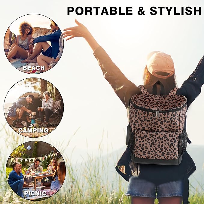 Wolka Cooler Backpack 30 Cans,Portable Backpack Coolers Insulated Leak Proof,Waterproof Soft Sided Cooler Bag for Travel,Beach,Camping,Picnic,Lunch Backpack for Women (Brown Leopard)
