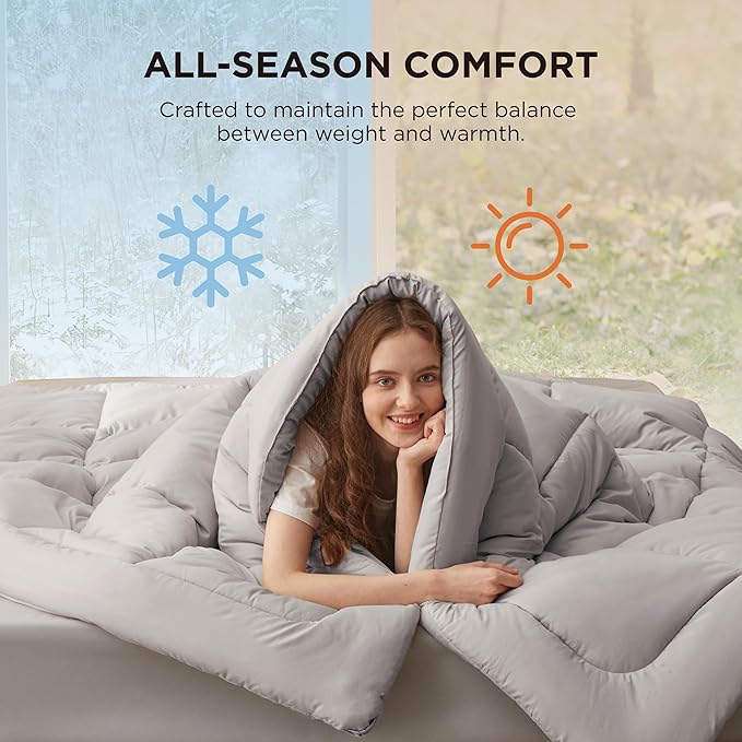 Bedsure Comforter Duvet Insert - Quilted Comforters Full Size, All Season Duvet, GentleSoft Down Alternative Bedding, with 8 Tabs, Gifts for Women/Men, Light Grey, Full 86 x 82 Inches