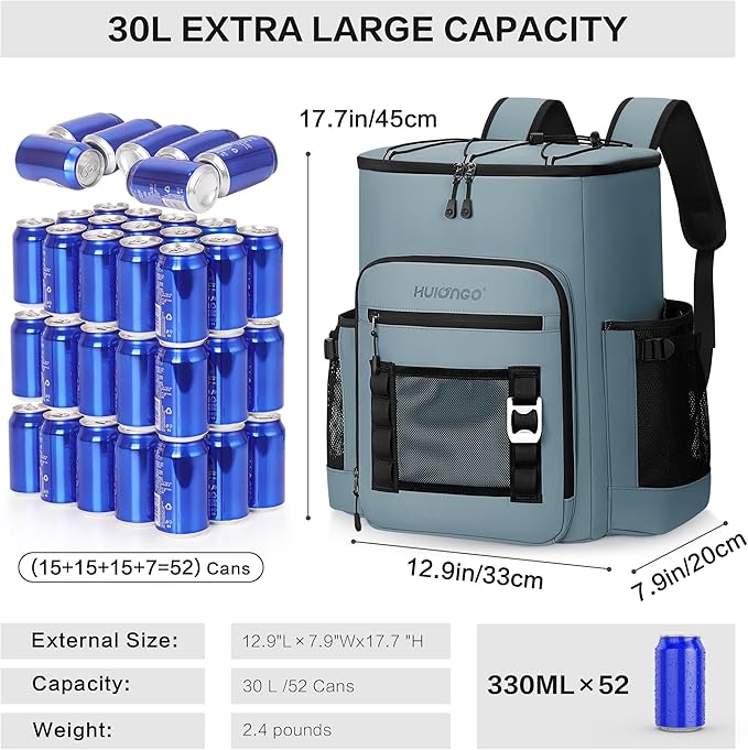 Large 52cans Waterproof Insulated Cooler Backpack for Men & Women, Leak Proof Backpack Cooler, Soft, 8Gal