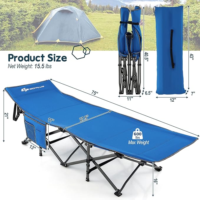 Goplus Folding Camping Cot, 27.5" Sleeping Cot for Adults with Carry Bag, 600LBS Weight Capacity, Slanted Head, Side Pocket, Heavy Duty Portable Camping Bed for Kids, Beach, Office Snap (Blue)