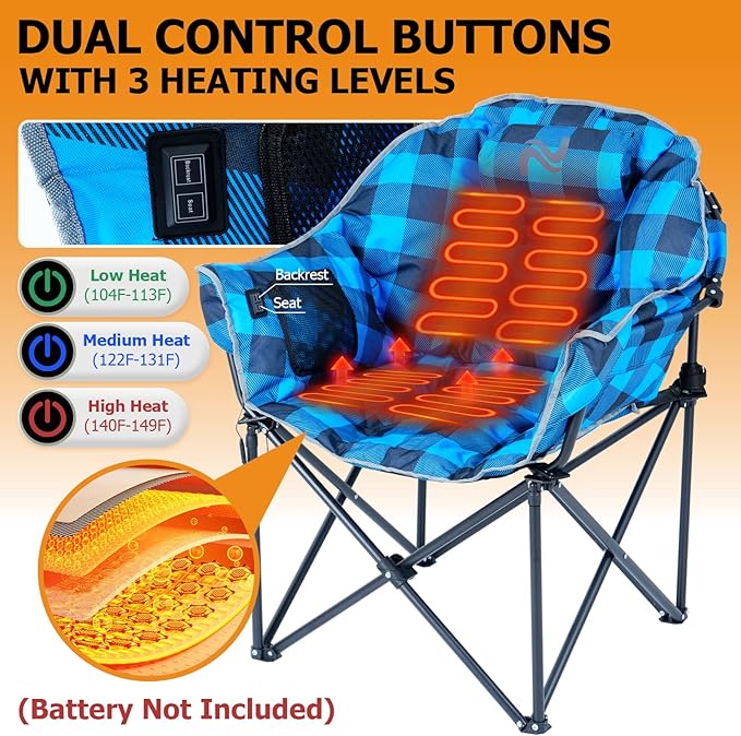 LILYPELLE Oversized Heated Camping Chair, Patio Lounge Chairs with 3 Heat Levels, Portable Folding Heated Chair Round Moon Saucer Folding Lawn Chair Outdoor Chair for Camping, Lounge Patio