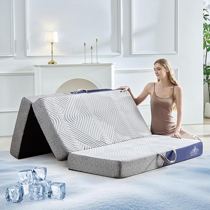 Cooling Foldable Mattress, 4 Inch Memory Foam Mattress/Topper with Cold Breathable Effect, Trifold Mattress for Murphy Bed, Portable Folding Floor Bed for Guest, Camping, Travel, Yoga - Full