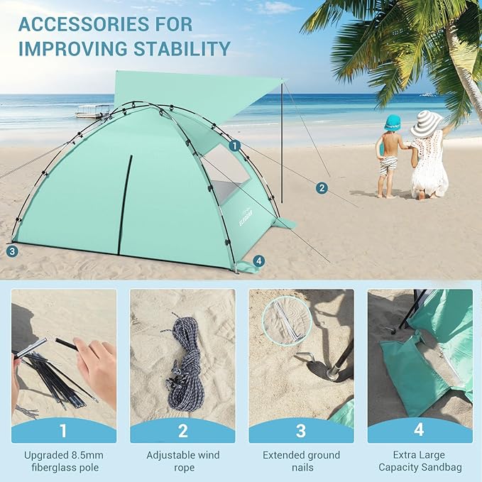 Elegear CumbreX™ Beach Tent Sun Shelter with Canopy, 4-5 Person Pop Up Beach Tent, Easy Setup UPF 50+ UV Protection Portable Lightweight Double Silver Coating Cabana Sun Shade Shelter - Green