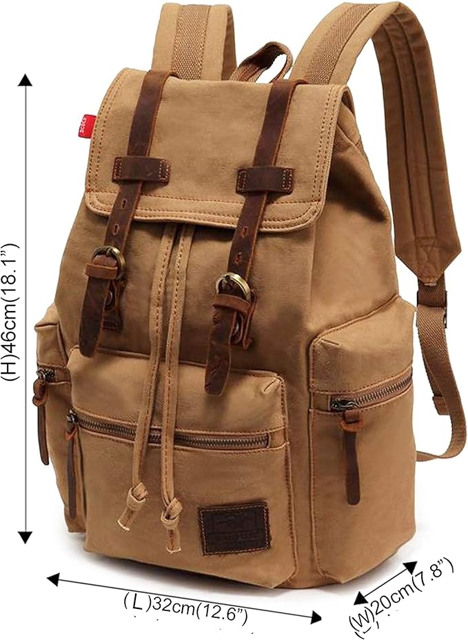 HuaChen Vintage Canvas Travel Backpack with Leather Trim, Laptop Padded Sleeve, Hidden Back Security Pocket, Fits 15-Inch, M32 Khaki Large