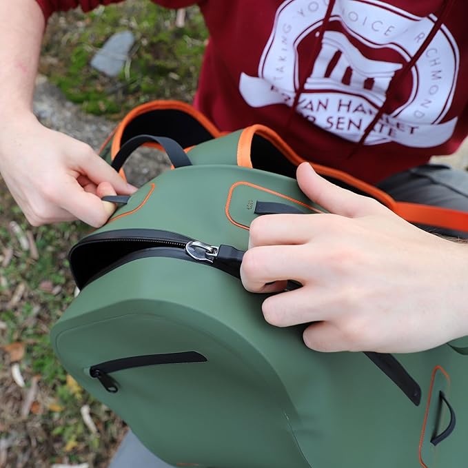YakAttack 28L DryPak Waterproof Backpack with 2 Attachable Fishing Rod Holders – Green/Orange | Floating Marine Dry Bag Pack with Padded Straps | Lightweight Hiking & Kayaking Gear & Storage Drybag
