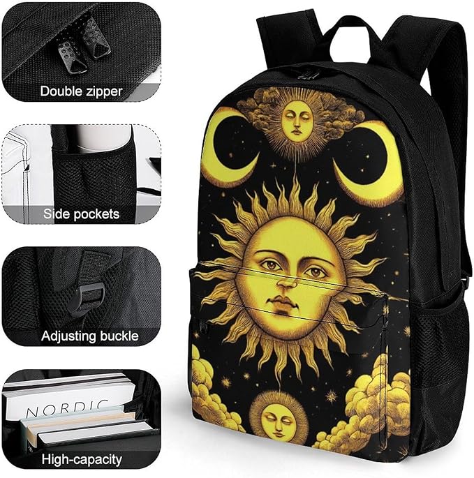 Polyester Daypack for Camping Travel Walking Cycling, Big Capacity Anti-Theft Multipurpose Bookbag, Sun Crescent Moon Stars Astrology Tarot Cards Camping Outdoor Backpack