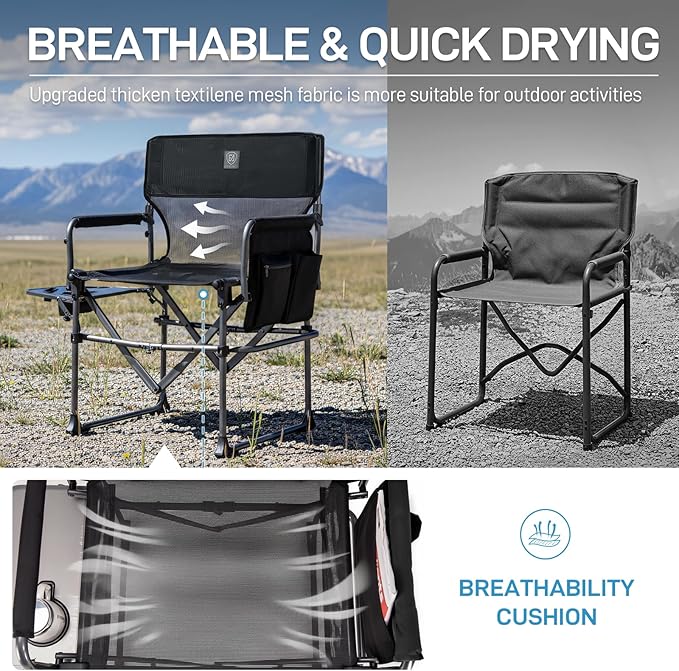 EVER ADVANCED Camping Directors' Chair with Side Table, Portable Folding with Compact Size, Breathable & Quick Dry Design Heavy Duty Lawn Chair with Pocket, 400lbs, Textilene Mesh, Black